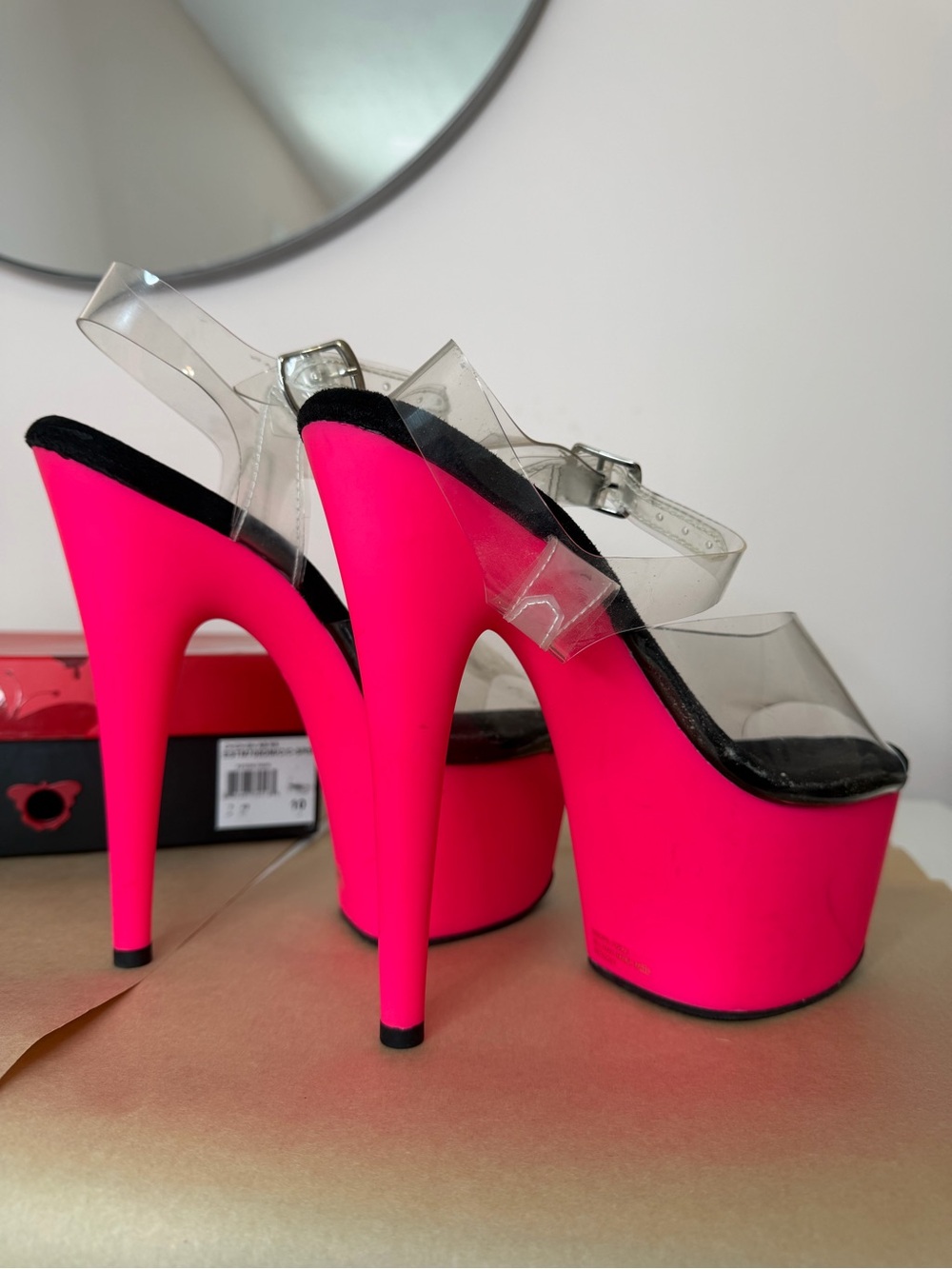 Pleaser Neon Pink Clear Strap Platform Heels